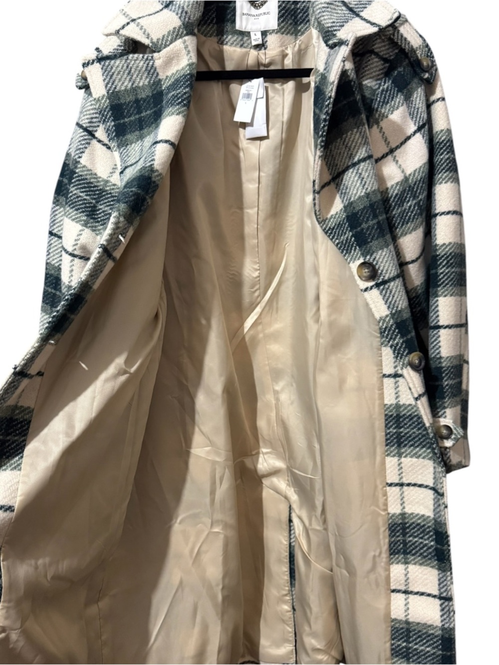 Banana Republic Women’s Plaid Long Wool Blend Coat Green Ivory Check Coat Large - Picture 5 of 7